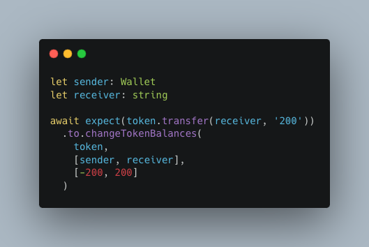 TrueFiEng's tweet photo. 6/6 Matcher changeTokenBalance accepts address strings

In Waffle 4, you can mix and match both Wallet instances and just address strings in the parameters of the changeTokenBalance matcher. https://t.co/OQJyZXni14