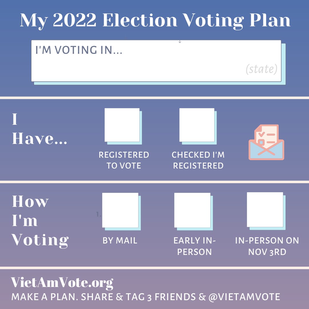 VietAmVote's tweet photo. What's your 2022 Midterm Voting Plan? Kế Hoạch Đi Bầu Của Tôi Năm 2022 #gotv https://t.co/1NHRG9TQjg