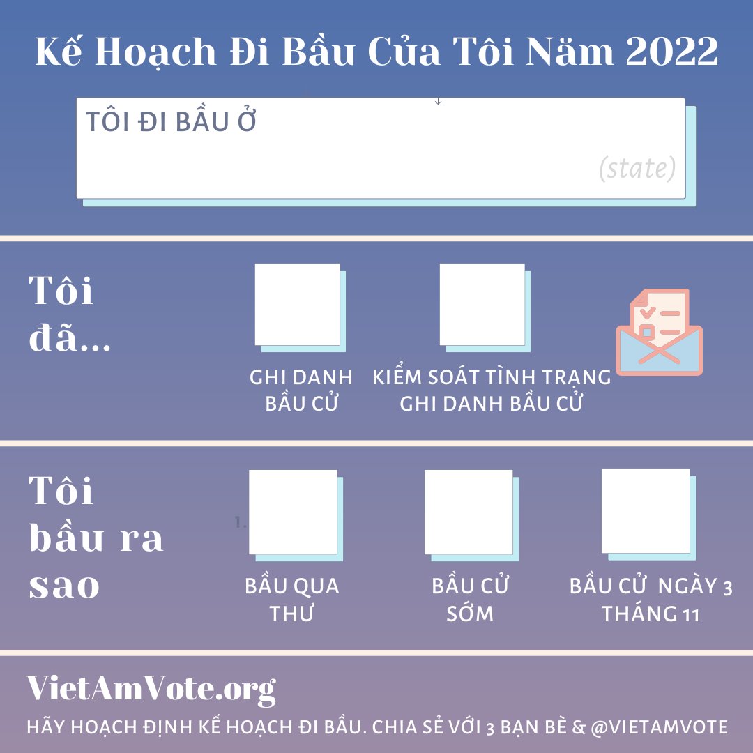 VietAmVote's tweet photo. What's your 2022 Midterm Voting Plan? Kế Hoạch Đi Bầu Của Tôi Năm 2022 #gotv https://t.co/1NHRG9TQjg
