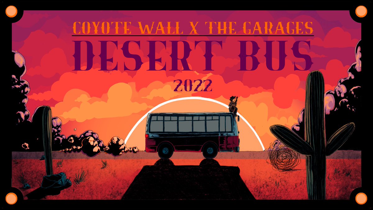 For a third year in a row, <a href="/thegaragesband/">the garages (the band)</a> are playing <a href="/DesertBus/">Desert Bus for Hope</a>! This year, they've brought label-mate @coyote_wall along for the ride. Get ready for some rollicking folk and rocking tunes!

COYOTE WALL X THE GARAGES @ DESERT BUS 2022
Sun, Nov 13 8pm PT/11pm ET/3am GMT
