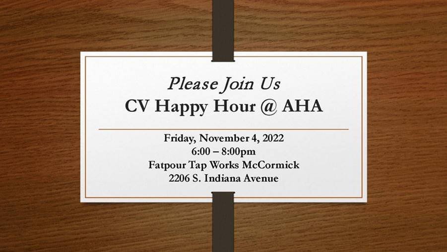 To our faculty, fellows, alumni, and friends attending #AHA2022, please join us tomorrow, Friday Nov 4 at 6 PM for a Happy Hour Reception <a href="/fatpourmc/">Fatpour McCormick</a>.  Details Below <a href="/PennCardiology/">Penn Cardiology</a> <a href="/PennCVFellows/">Penn Cardiology Fellows</a> <a href="/PennCVI/">PennCVI</a>