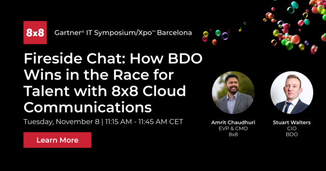 tinalundeensmit's tweet photo. How did @bdoaccountant win the race for talent with 8x8 #cloudcommunications? On Nov. 8 at #GartnerSYM - Barcelona, join @8x8's @amritesh_c &amp; BDO's Stuart Walters for a fireside chat on unlocking agility &amp; competitive advantage with a modern platform. https://t.co/Aw0fyiyQ0D https://t.co/7F0FyVpLJN