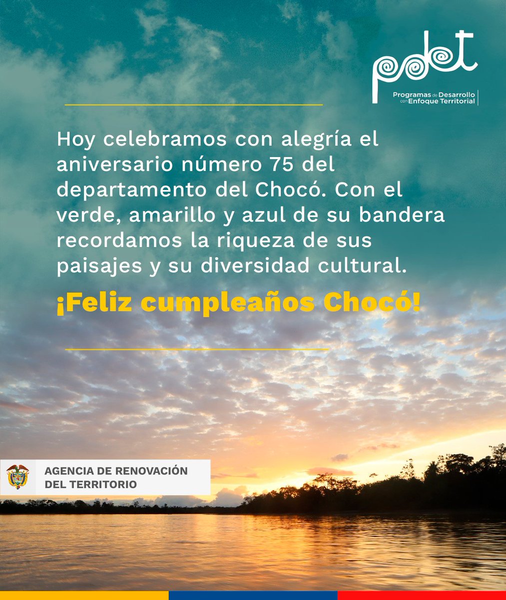 RenovacionCo's tweet photo. Nos unimos a la celebración de los 75 años del departamento del Chocó, el #GobiernoDelCambio está comprometido con la implementación del Programa de Desarrollo con Enfoque Territorial Étnico #PDETE de la mano de las comunidades para lograr la #PazTotal https://t.co/KDeLMDVkgD