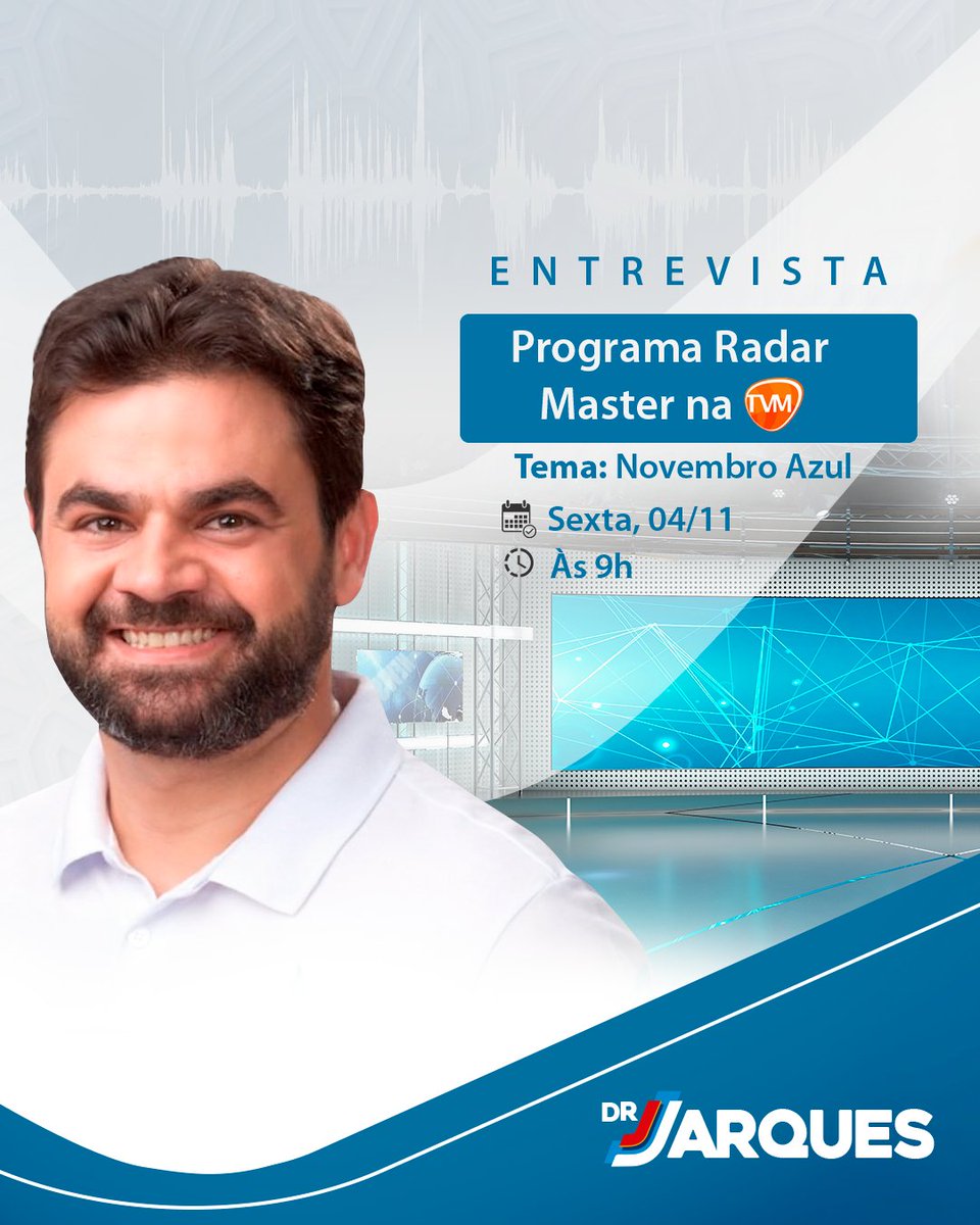 DrJarques's tweet photo. Amanhã, temos um encontro marcado no Programa Radar Master com apresentação de Jerônimo Camelo, às 9h.
Durante a entrevista, irei falar sobre um tema muito importante que é o Novembro azul e como os homens podem se cuidar. Conto com você.
#entrevista #tvmaster https://t.co/qRgcNFbYTV
