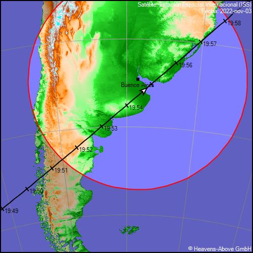 SatelitesArg's tweet photo. 🔴 ATENCIÓN, HOY tendremos un ESPECTACULAR paso de la #ISS sobre #BuenosAires 🛰🌟

• Horario: 19:52 - 19:57
• Direccion: SO a NE
• Elevación máxima: 19:45 • 70° (CABA) https://t.co/N0t3h8Nuro