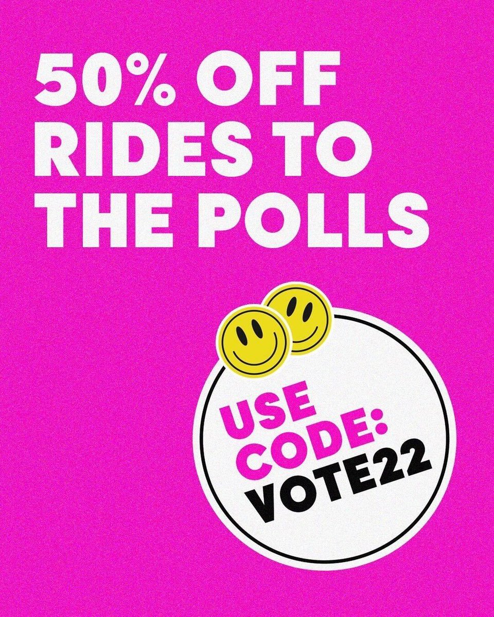 Voters! Use code VOTE22 for 50% off (up to $10) your @lyft ride to the polls today, November 8th. #RollToThePolls #RidesToThePolls