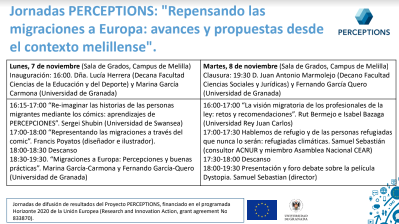 Faedumel_UGR's tweet image. 🖇 Jornadas PERCEPTIONS: Repensando las migraciones a Europa: avances y propuestas desde el contexto melillense

🗓 7 y 8 de noviembre

🕓 A las 16 h

🏫 Sala de Grados. Campus de Melilla

@PERCEPTIONS_EU @perceptionsproject #PERCEPTIONSsurvey

ℹ faedumel.ugr.es/pages/tablon/*…