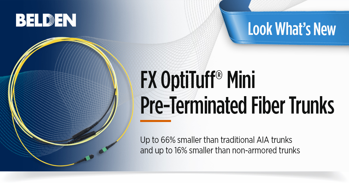 BeldenInc's tweet photo. Belden’s new #OptiTuff Mini Fiber Trunks don’t just stand above other trunks in their category—they stand alone. The trunk’s smaller diameter supports space savings in high-density installations, making it cost-effective. Learn more: https://t.co/kF7IvO9r4f https://t.co/Dq9y5tA40n