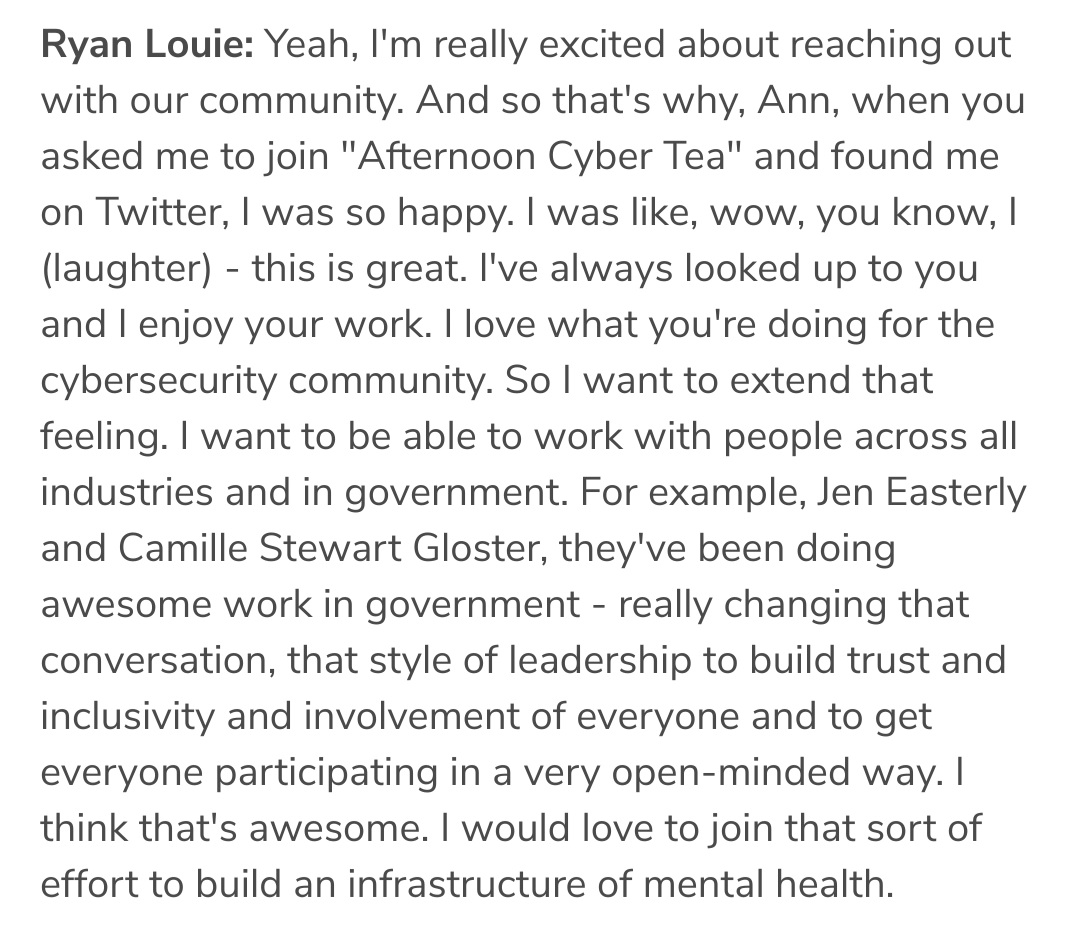 I'm super inspired by @ajohnsocyber @CamilleEsq @CISAJen! #AfternoonCyberTea #Psybersecurity 🧠🛡☕️✅️