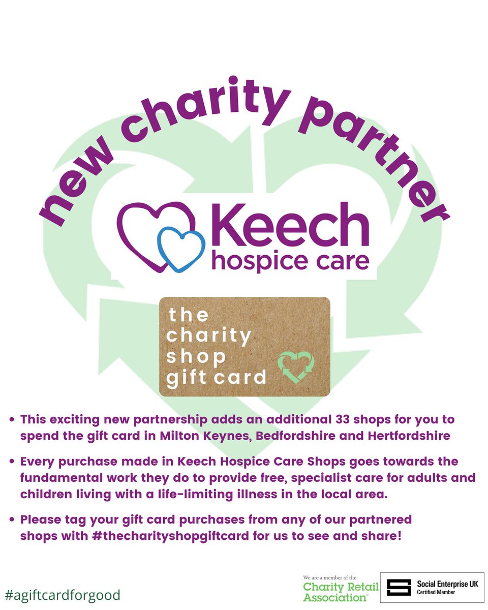 We’re pleased to announce that #thecharityshopgiftcard in partnership with <a href="/charityretail/">Charity Retail Association</a> is live in <a href="/KeechHospice/">Keech Hospice</a> shops ! 💚

This new partnership adds 33 new shops to spend the gift card in. We're thrilled to have them joining the scheme!

#agiftcardforgood