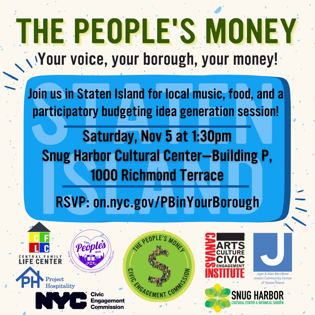 NYCCEC's tweet photo. Wyd this weekend? We're hanging with @BusPeoples! Join us: https://t.co/OOr5rjsnrT

STATEN ISLAND! #ThePeoplesMoney Boroughwide Idea Generation Session is SATURDAY at @SnugHarborCCBG!

BROOKLYN! #ThePeoplesMoney Boroughwide Idea Generation Session is SUNDAY at @brooklynmuseum! https://t.co/AeFIzeeVpm
