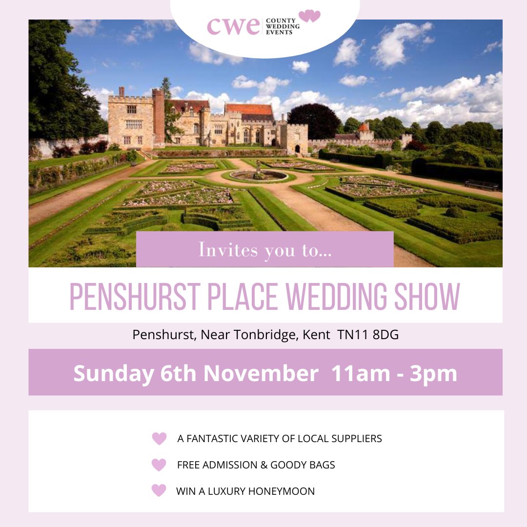 The <a href="/CountyWedEvent/">CountyWeddingEvents</a> <a href="/PenshurstPlace/">Penshurst Place</a> Wedding Show!

📍 Penshurst, Kent, TN11 8DG
📆 Sun, 6 Nov 2022
⏰ 11am - 3pm

Pre-register your attendance at countyweddingevents.com/penshurst-plac… and save time on the day!