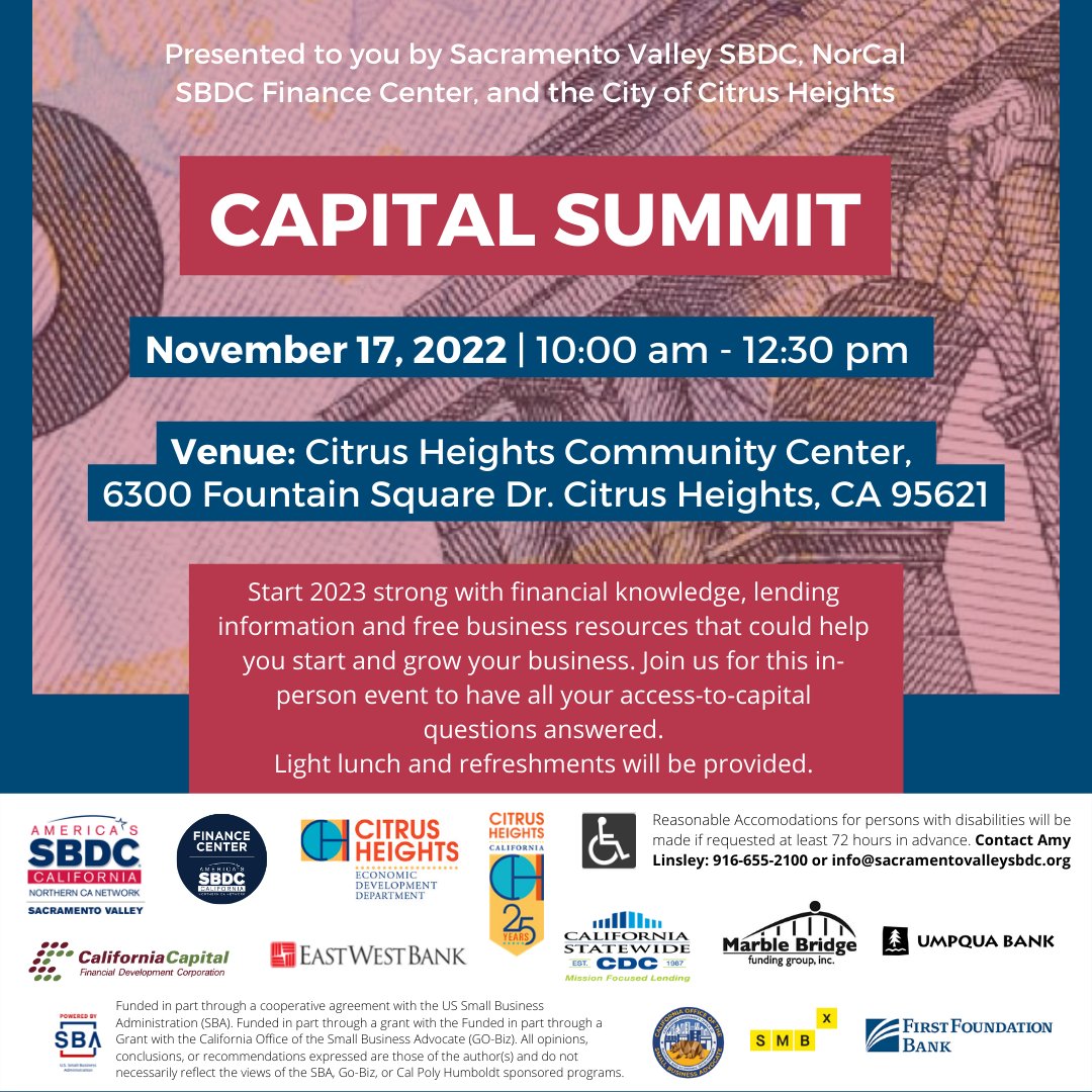 Learn more about traditional and non-traditional funding options, such as crowdfunding, plus more at the Capital Summit on November 17th!
 
bit.ly/capsummit 

#CapitalSummit #SacValleySBDC #SmallBiz #SacramentoBusiness #BusinessAssistance #Sacramento #BusinessDevelopment