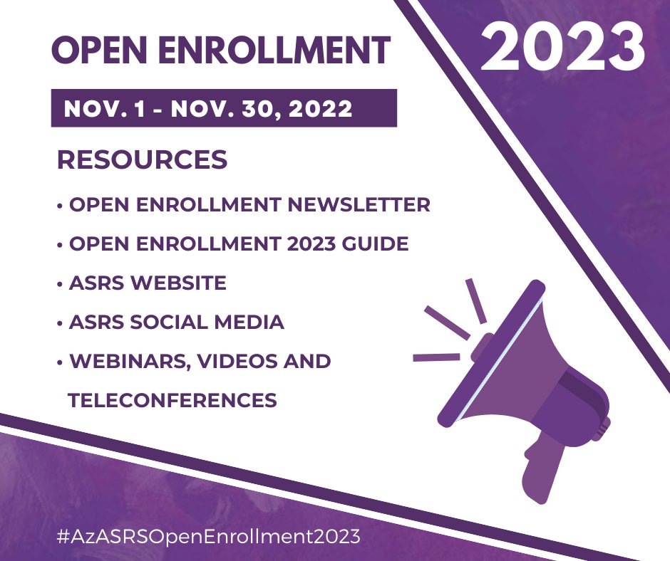 Here's where you can find all the resources you'll need for retiree Health Insurance Open Enrollment. 
ow.ly/nWTm50LjfNV
#ASRS #AzASRSOpenEnrollment2023