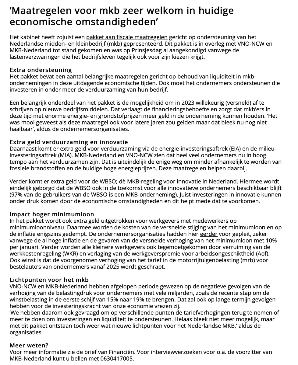 Goed nieuws! Het kabinet heeft zojuist een pakket aan fiscale maatregelen ter ondersteuning van het MKB gepresenteerd. Dit pakket is in overleg met 
ons tot stand gekomen en zeer welkom in huidige economische omstandigheden.
#OndernemenVoorNL