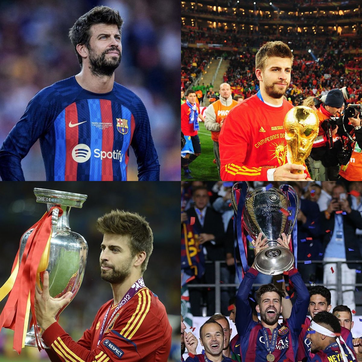 Juezcentral's tweet photo. Se podrán decir muchas cosas de él; lo cierto es que fue parte fundamental del mejor Barcelona y de la mejor España de la historia. 37 títulos en total. Se va un campeón que estuvo siempre, por más de 15 años, en la élite. Gerard Piqué. https://t.co/VFOfWEdjkf