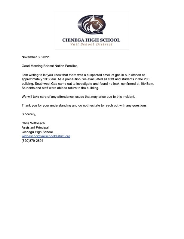 Good morning Bobcat Nation,
Please refer to the letter down below about an incident that occured on our campus this morning.