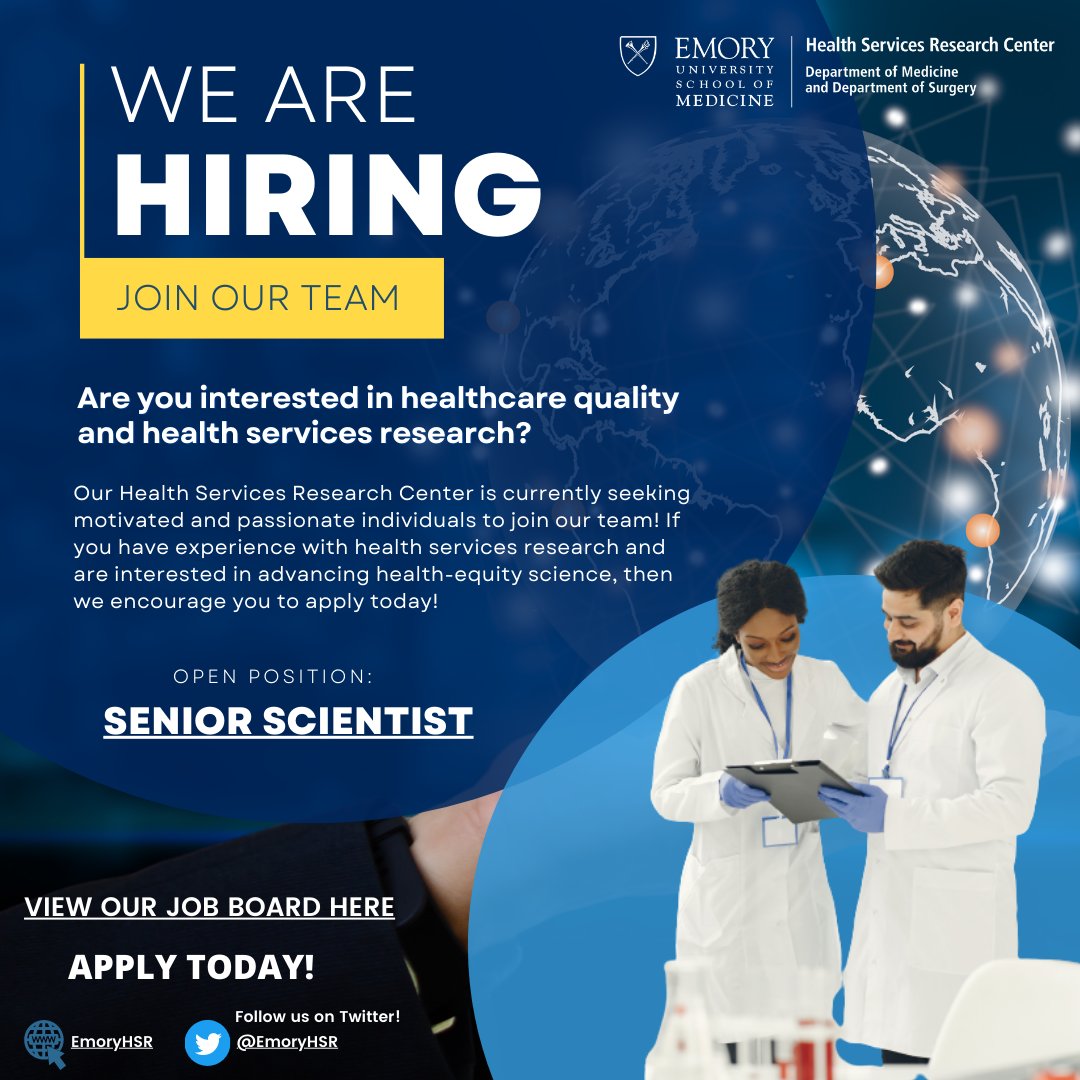 Emory Health Services Research Center (@emoryhsr) on Twitter photo Join our team! <a href="/EmoryHSR/">Emory Health Services Research Center</a> is looking for a Senior Scientist! Full description here: staff-emory.icims.com/jobs/102174/jo…
To apply, send 1) a cover letter with a brief description of your interest in the position, 2) a current CV, & 3) three references to Tracy at: tsitler@emory.edu Join our team! <a href="/EmoryHSR/">Emory Health Services Research Center</a> is looking for a Senior Scientist! Full description here: staff-emory.icims.com/jobs/102174/jo…
To apply, send 1) a cover letter with a brief description of your interest in the position, 2) a current CV, & 3) three references to Tracy at: tsitler@emory.edu