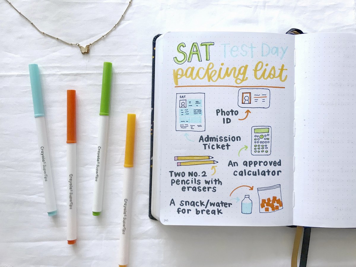 SAT Test Day Checklist:
😷 Mask (if required by test center)
🎟️ Admission ticket
🆔 Acceptable photo ID
✏️ Two No. 2 pencils with erasers
➗ An approved calculator

We also recommend:
⌚ Watch
🔋 Extra batteries and mask
🎒 Bag 
🍎 Drink and snacks

spr.ly/6012Mt5vq