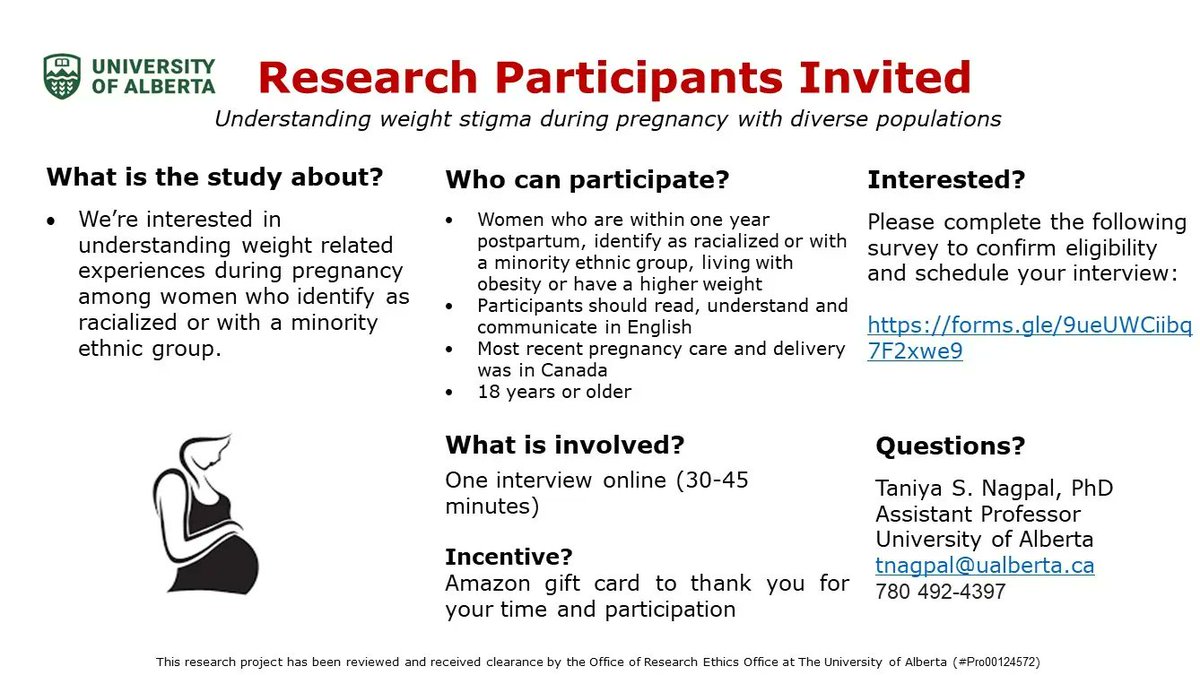 Researchers at the University of Alberta are looking for participants for a study – Understanding weight stigma during pregnancy with diverse populations. Please see poster below to check if you are eligible, click this link schedule an interview: buff.ly/3DVOUX1