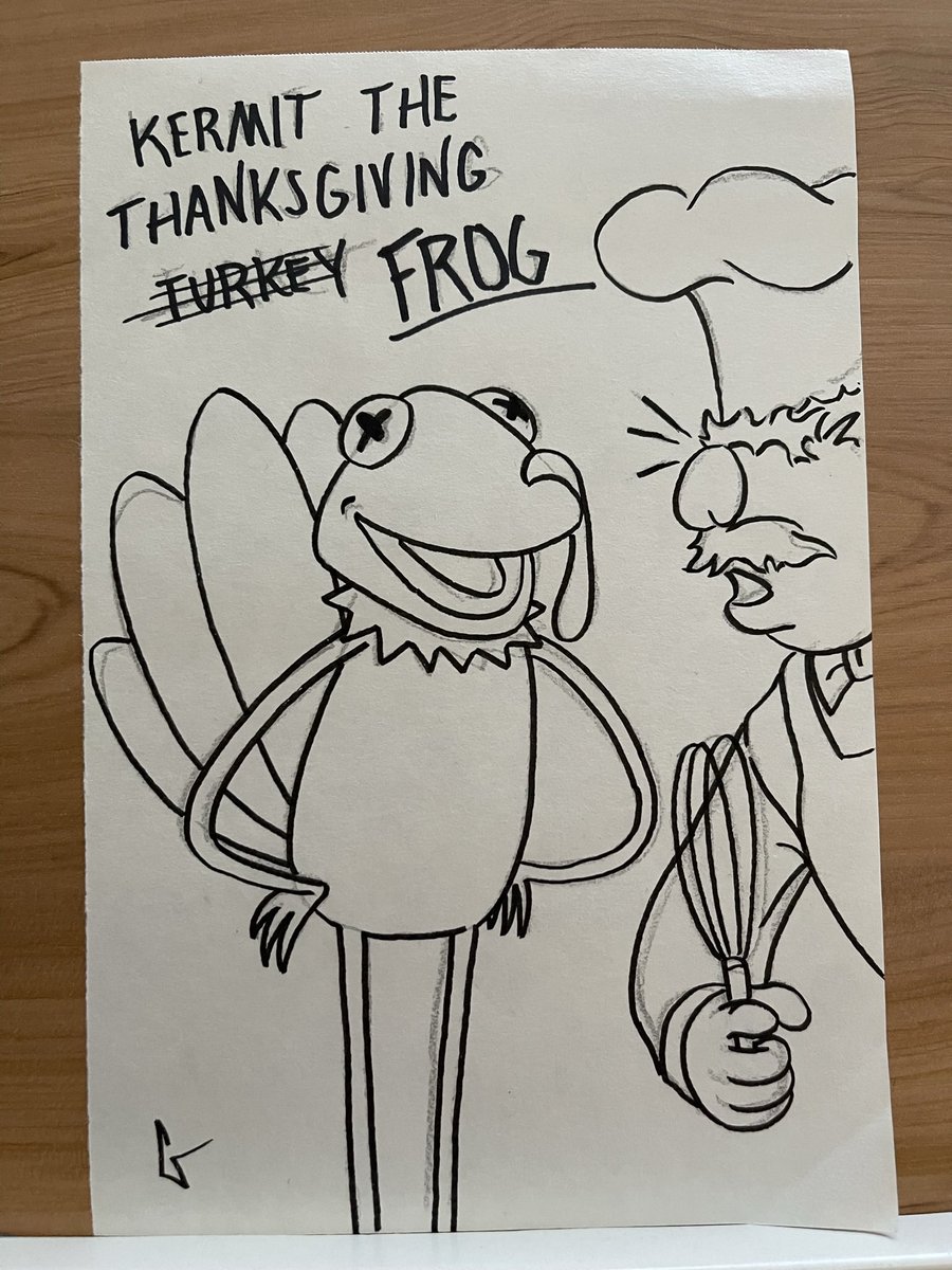 tweets_kiwi's tweet image. Most of the people on my mailing list follow me so I can’t share their stuff BUT my grandma doesn’t so I am free to share the stuff I send her. So here’s Kermit the frog as a turkey with the Swedish chef taken aback haha. #muppets #muppetart #kermitthefrog #swedishchef
