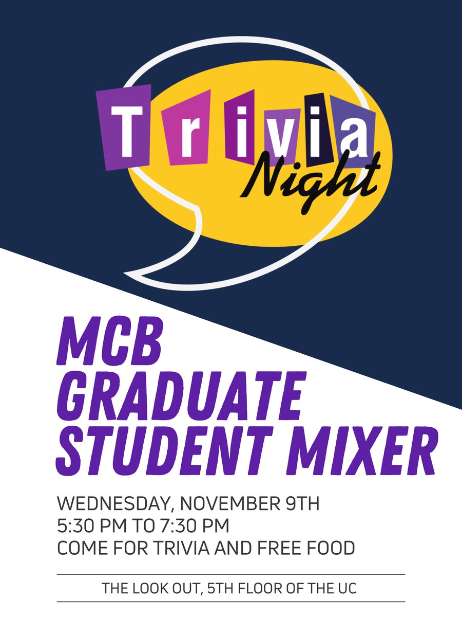 Hey MCB grad students! We are having a mixer at The Lookout on the 5th floor of the UC! Next Wednesday from 5:50-7:30 pm, join us for free food and trivia!