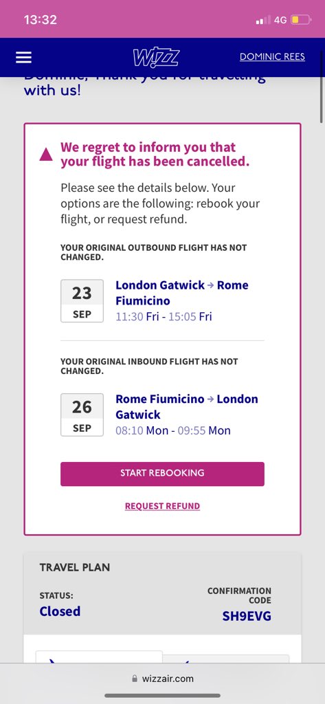Dear <a href="/WizzAirUK_W9/">Wizz Air UK</a>, flight was cancelled and am entitled to compensation but being told flight was only delayed? These terms are confirmed on your website and you are illegally withholding compensation