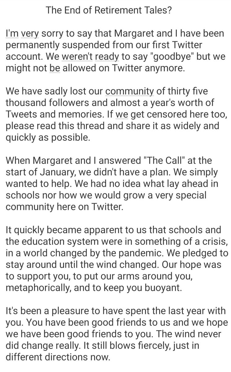 RetirementTale5's tweet image. We are back! But who knows how long for?

Please read our full message below and please RT!

@Headteacherchat
@secretHT1 
@MoreMorrow 
@lbmconsultancy 
@DanEdwards_77 
@ottleyoconnor 
@chrisdysonHT
@PaulGarvey4 
@PieCorbett 
@popsyclothing 
@richardosman
@JasonManford 

⬇️⬇️⬇️