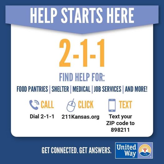 If you need help, you can dial 2-1-1 and it will connect you with a professional who can help get your needs met. #LiveUnited #Kansas211