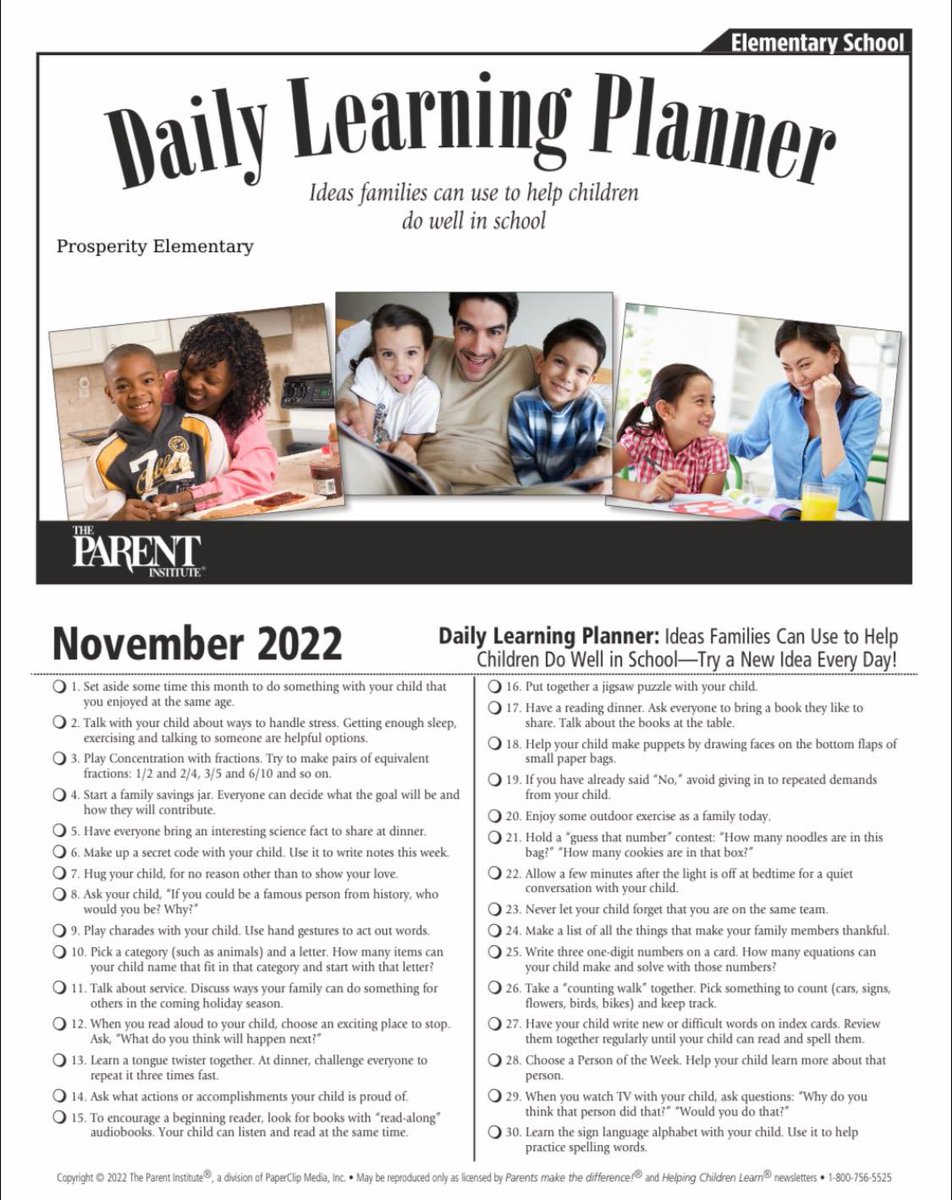 ProsperityElem1's tweet photo. ♥️Prosperity Families, here is our Daily Learning Planner for the month of November. Feel free to use this resource to help your student do well in school. 💙🦅 https://t.co/NqDLZTjYlm