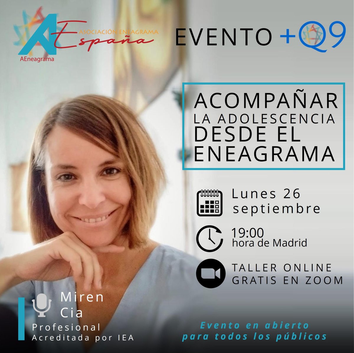 Mañana a las 18:00h estrenaremos en nuestro canal de YouTube la grabación del evento +Q9: Acompañar la adolescencia desde el Eneagrama, de la mano de Miren Cia.

Os invitamos a conocer su web: mirencia.com

Y éste es el enlace de la grabación: youtu.be/fyzBhCI1xMY