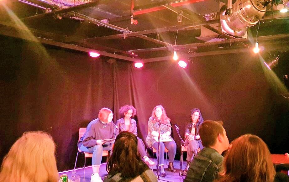 StellarQuines's tweet photo. Quines night out to see #JSTimeMachine by @joandskin in @traversetheatre! But first we're enjoying a pre-show Feminism and the Future panel discussion in the bar, chaired by our @caitskin ❤ https://t.co/ZkdJmt4eCA