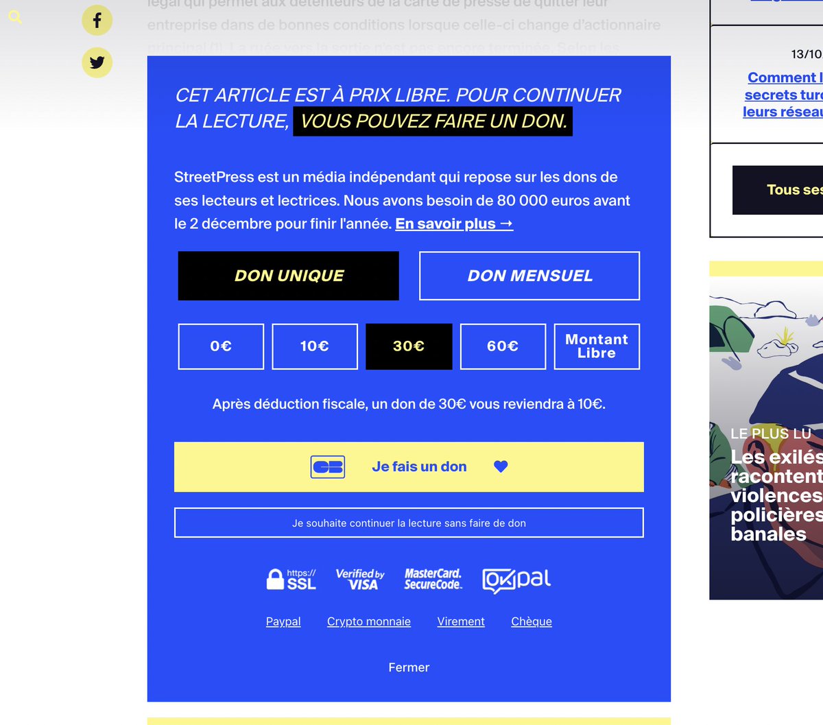 joweisz's tweet photo. Depuis hier, on a mis un simili paywall sur @streetpress
🚧🚧🚧🚧🚧
Pour continuer la lecture de nos articles, vous devez jusqu'au 2 décembre faire un don du montant de votre choix... même 0€, car on est un média à #prixlibre !
👉Testez ici 👉 https://t.co/QFkJ0IT86r https://t.co/RVSHYPwEzD