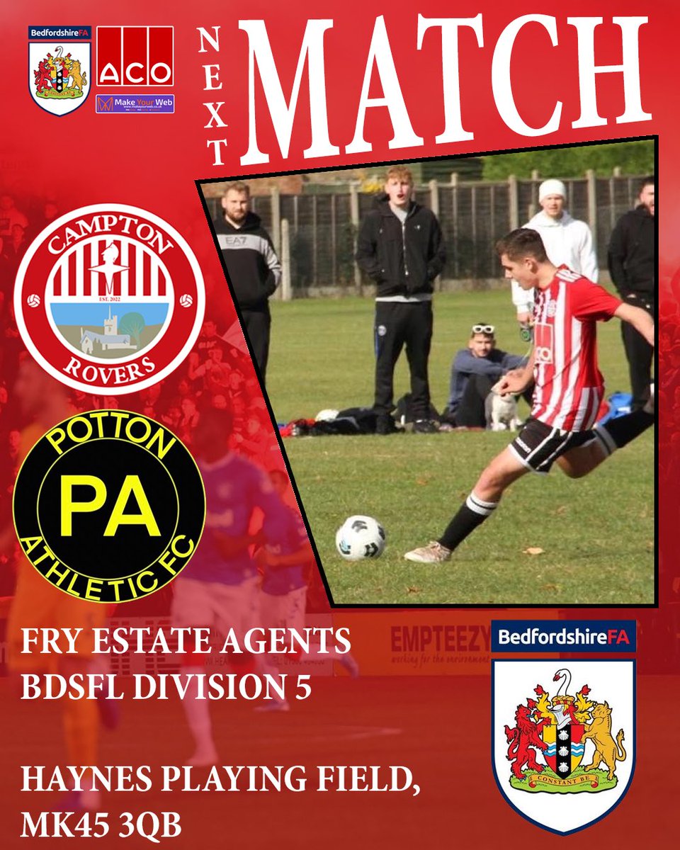 🚨 This Sunday Campton Rovers host Potton Athletic

🆚 <a href="/PottonAthletic/">Potton Athletic FC</a> 
🗓️ 06/11/22
🕥 10:30 GMT
🏆 Fry Estate Agents BDSFL Division 5
📍 Haynes Playing Field