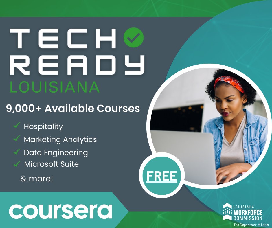 LouisianaWorks's tweet photo. #TechReadyLA takes learners from courses to careers. With over 9,000 available courses, there's something for everyone!
Enroll for free and start learning today here: https://t.co/6UFgSH92PR https://t.co/GiEKWj38hT