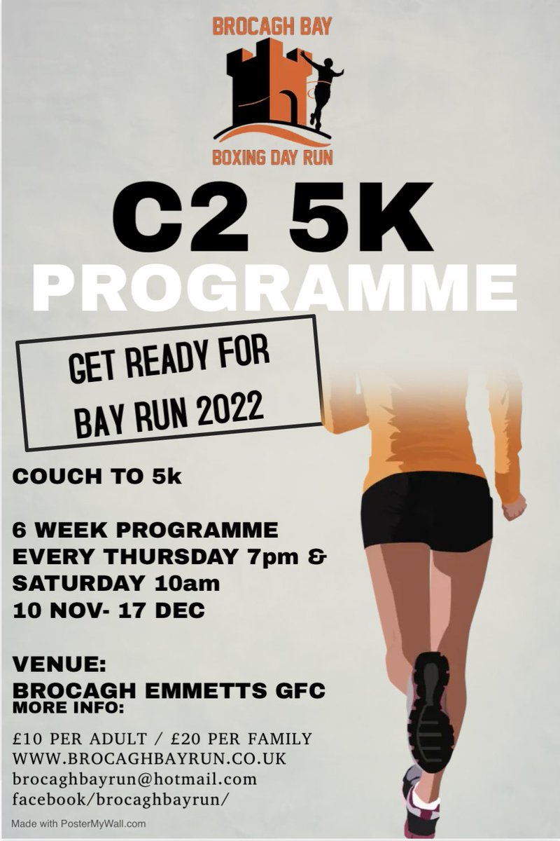 No better way for you to prepare for our 5k run by taking part in our Couch to 5k programme.
6 week, twice weekly programme starts next Thursday 10th November

Training every Thursday @ 7pm and Saturday @ 10am.

Why not come along and give it a go.