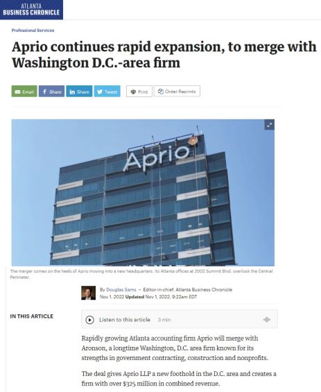 AprioAdvisors's tweet image. In case you missed it, @AronsonLLP is joining #TeamAprio! We're not the only ones excited about expanding our offerings in the GovCon, Nonprofit, and Construction industries to continue to provide exceptional experiences for our clients. #OneAprio