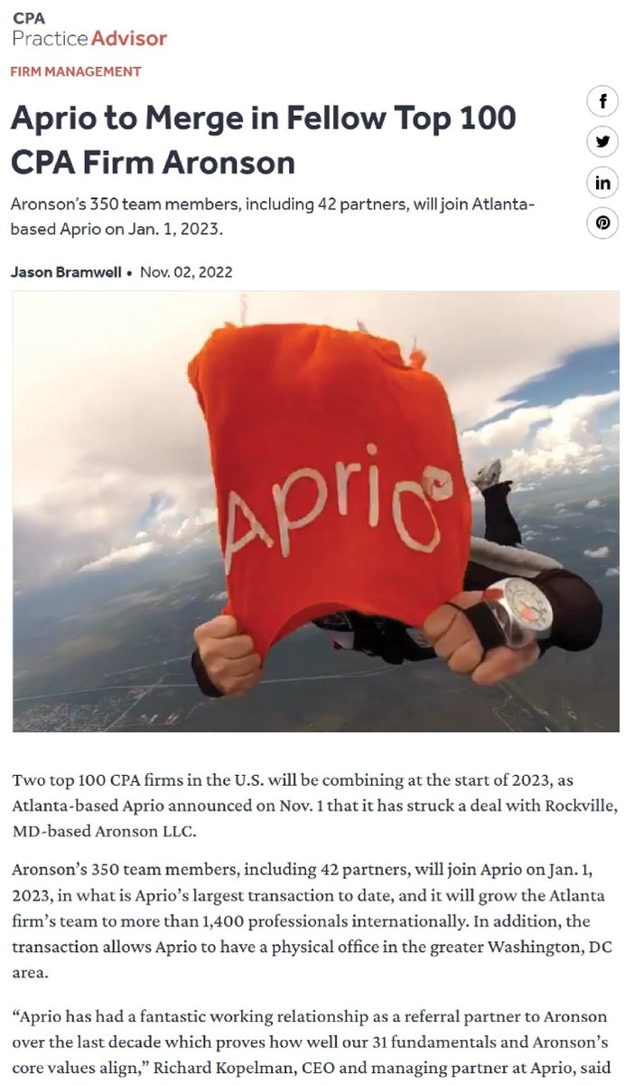 AprioAdvisors's tweet image. In case you missed it, @AronsonLLP is joining #TeamAprio! We're not the only ones excited about expanding our offerings in the GovCon, Nonprofit, and Construction industries to continue to provide exceptional experiences for our clients. #OneAprio