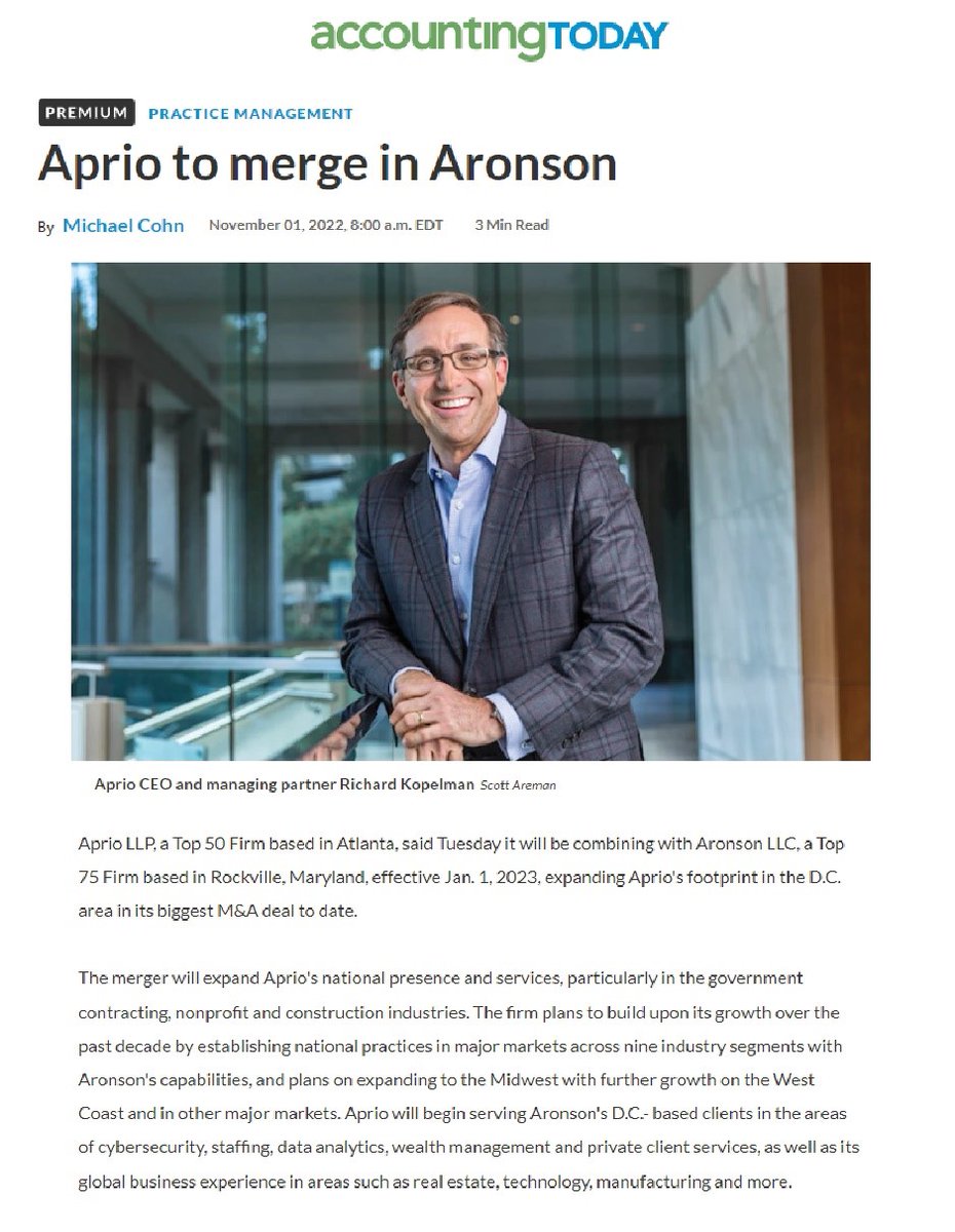 AprioAdvisors's tweet image. In case you missed it, @AronsonLLP is joining #TeamAprio! We're not the only ones excited about expanding our offerings in the GovCon, Nonprofit, and Construction industries to continue to provide exceptional experiences for our clients. #OneAprio