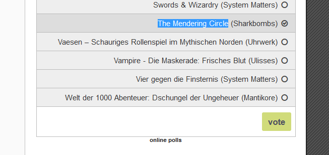 sharkbombs's tweet photo. My gentle #rpg THE MENDING CIRCLE about witches trying to heal the world is in the final round of voting for the #PENP22 award! Help me show the world that RPGs are more than D&D and Cthulhu!
All you have to do is go to the following URL and vote:
https://t.co/zqFoQY6EO7 https://t.co/FWUbDImFvK