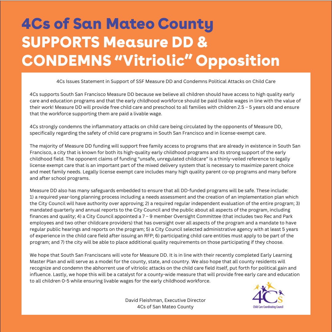 ece4allssf's tweet photo. 4Cs of #SanMateoCounty @4CsSMC just made a powerful statement supporting #MeasureDD! #SouthCity voters deserve to know Measure DD will provide safe, high-quality Preschool for All *and* a living wage to the #preschool workforce once corporations pay their fair share. #yesonddssf https://t.co/c5jLdzfCz7