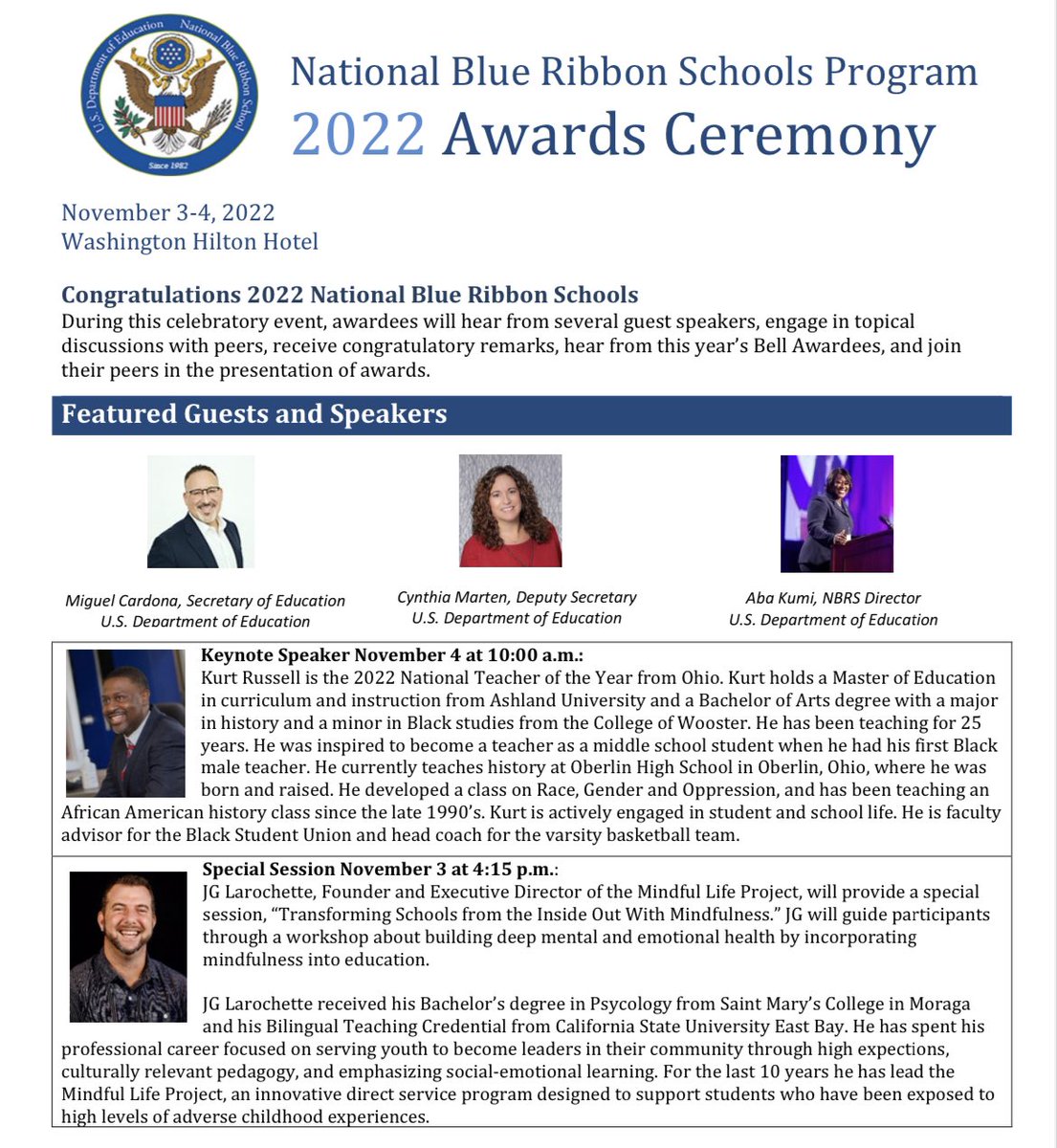 Our founder and director, JG Larochette is going to take the stage in less than 2 hours at the National Blue Ribbon Schools Awards Ceremony to give the keynote on #mindfulness in #education! #nbrs2022