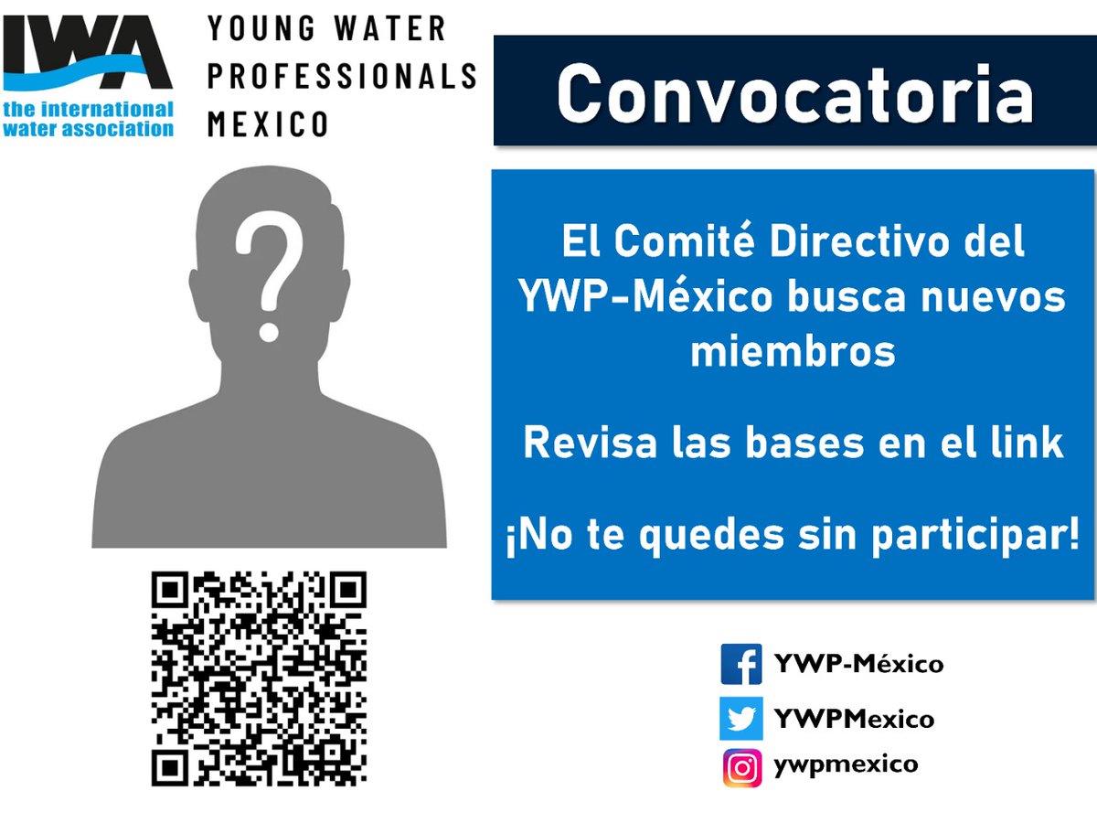 Les hacemos una cordial invitación para formar parte del grupo directivo del Young Water Professionals México, #YWP #IWA #Mexico #Agua. 

🗓 La fecha límite para recibir solicitudes será el 30 de noviembre
