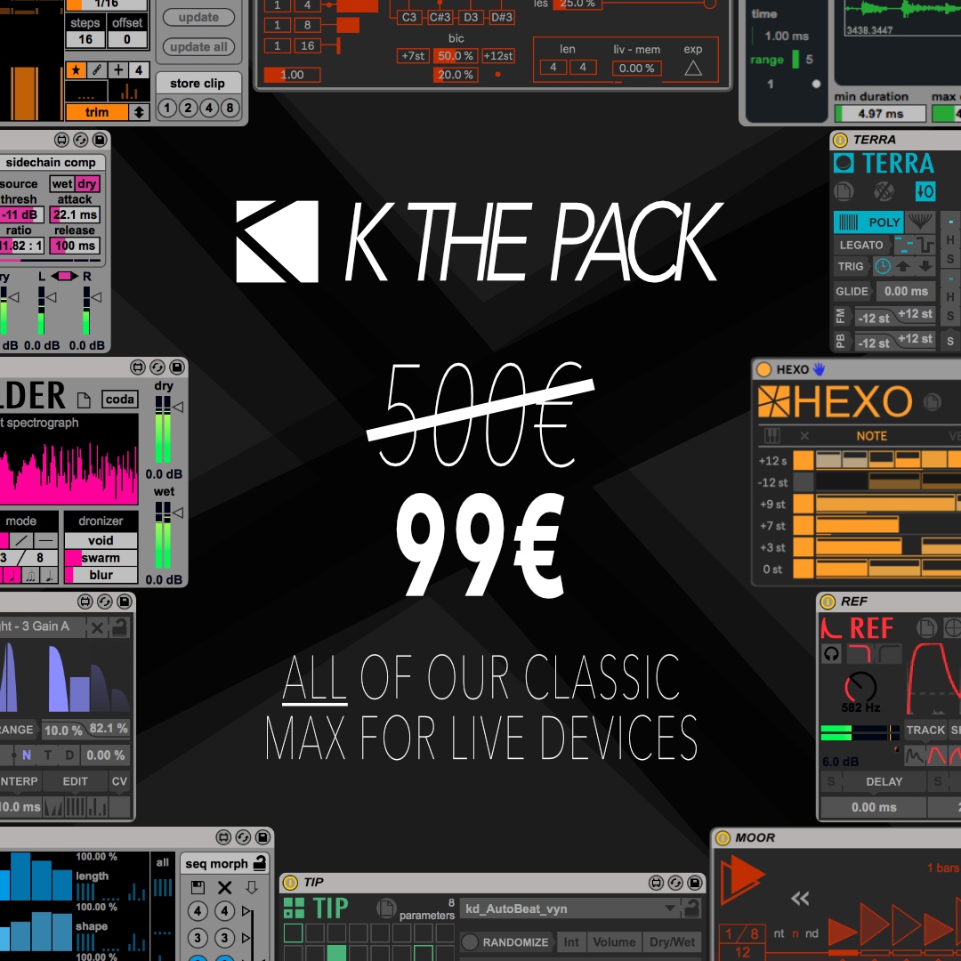 kdevices's tweet image. 🎂 We&apos;re ending our 10 years birthday party with an HUGE discount on our biggest bundle yet!
⁠
/// Last offer valid until November 6th!⁠
⇢ K The Pack at 99€ instad of 500€ 

k-devices.com/k-the-pack
⁠
#maxforlive #musicproducer #electronicmusic