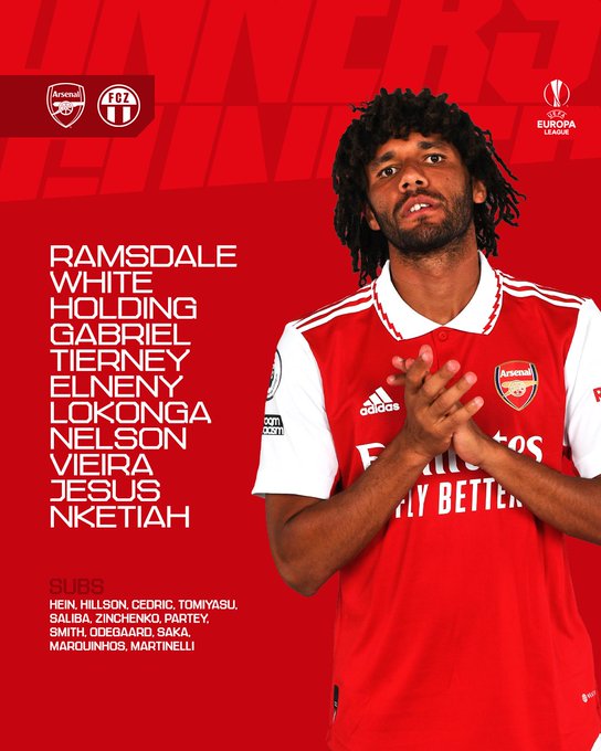 Our team to face FC Zurich: Ramsdale White Holding Gabriel Tierney Elneny Lokonga Nelson Vieira Jesus Nketiah Substitutes: Hein Hillson Cedric Tomiyasu Saliba Zinchenko Partey Smith Odegaard Saka Marquinhos Martinelli