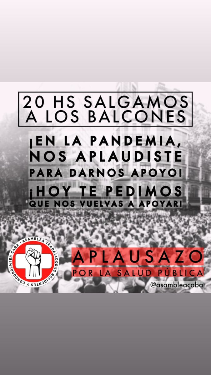 Hoy a las 20 hs que se sientan nuevamente los aplausos 👏🏻 

Que escuche <a href="/horaciorlarreta/">Larreta</a> y <a href="/FernanQuirosBA/">Fernán Quirós</a> que sus trabajadores están luchando por recomposicion salarial para residentes, y salario y art para concurrentes 🔥

#Aplaudiporesenciales