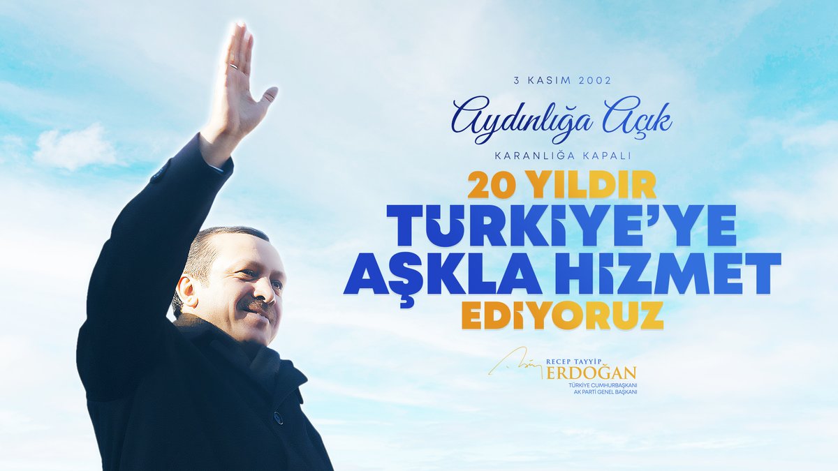 3 Kasım 2002 tarihinde başlayan millete hizmet yolculuğumuzda 20 yıllık kesintisiz iktidarla bir rekora daha imza attık. Evet, tam 20 yıldır Türkiye’ye aşkla hizmet ediyoruz... 

İnşallah daha nice yıllarımız, daha nice hizmetlerimiz, daha nice rekorlarımız olacak… @Akparti 🇹🇷