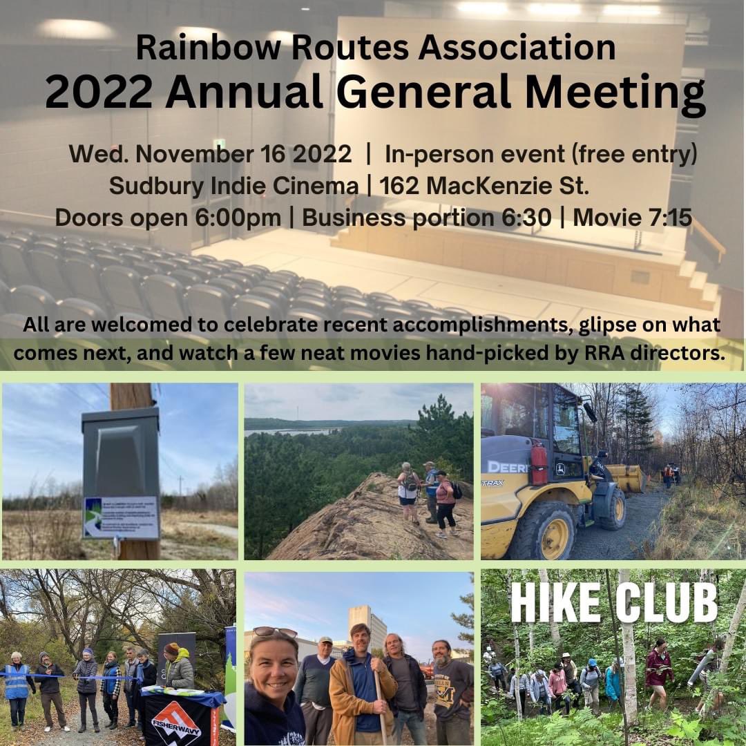 SAVE THE DATE! We will holding our Annual General Meeting November 16th at the Sudbury Indie Cinema, join us for a fun evening with trail enthusiasts and get updates on our recent activities. We’ll even throw in a couple of fun movies!