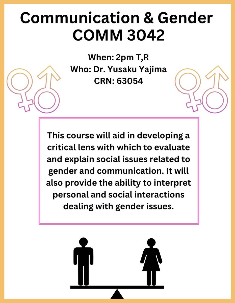 UlmComm's tweet image. In this class you will learn about communication and how interaction with gender can affect the ways in which we view society. Talk to your advisor to find out more information! #ulmcommprogram