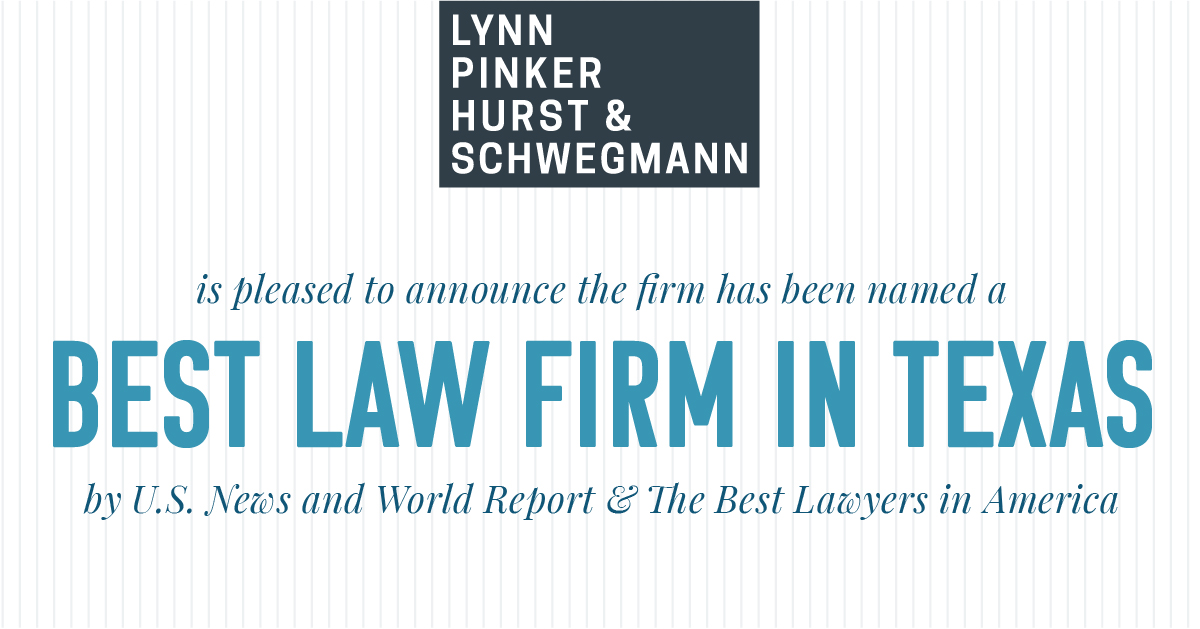 LynnPinker's tweet photo. Lynn Pinker Hurst &amp; Schwegmann has once again been recognized as one of the Best Law Firms in Texas in the latest edition of the legal guide from Best Lawyers in America and U.S. News &amp; World Report. Read more here: https://t.co/0NJTfts2Mh https://t.co/z2N6BTnWnR